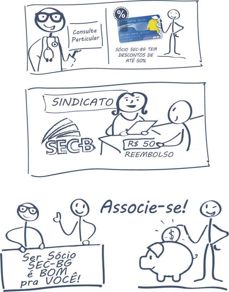 cartoon benefícios aos associados do sindicato dos empregados no comércio de bento gonçalves